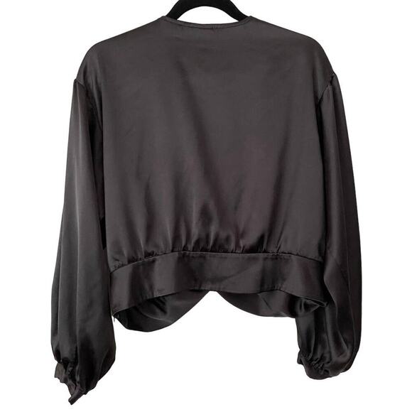 ASOS Cropped Sexy Black Satin Twist Front Long Sleeve Blouse - US 12 / UK 16 - Picture 2 of 5